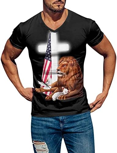 Zddo Mens Soldier кратки ракави маици 3D Isuses Cross Lion Print Patirotic Tee Tops, 2022 Нова лето V врат маица празник патриотски