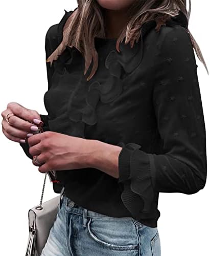 Кошула за жени обични врвни чипка Полка точка О вратот маица со долги ракави врвови блуза женска маица