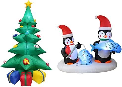 Два божиќни украси за украси, вклучуваат 8 нозе со надувување зелена елка со разнобојни кутии за подароци и 6 нозе долги надуени два пингвини
