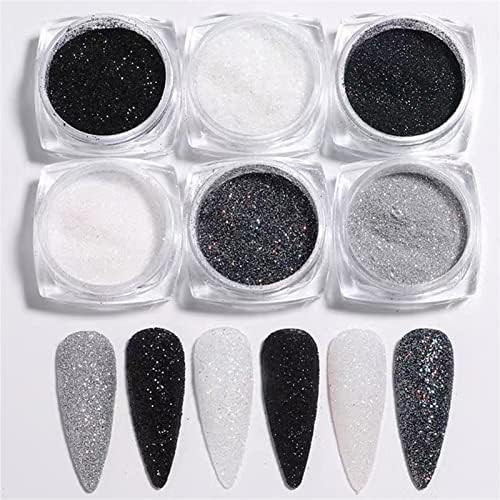 6 бои нокти сјај во прав холографски бел црн нокти сјај ефект сјај разнобоен козметички прашок за прашок за прашок DIY нокти