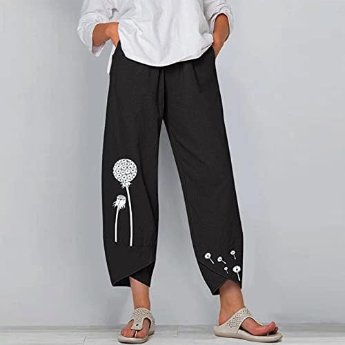 Gufesf Постелнини панталони за жени Каприс Пант Графички постелнина широка нога обична лето удобна висока половината лабава култура