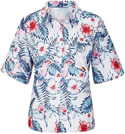 Uikmnh дамички кошула за одмор Обичен маички предниот краток ракав остава летни копчиња џебна кошула