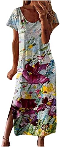 Letterенски летен макси фустан случајно лабаво сликарство цветни печатени долги фустани со краток ракав Сплит трендовски фустан