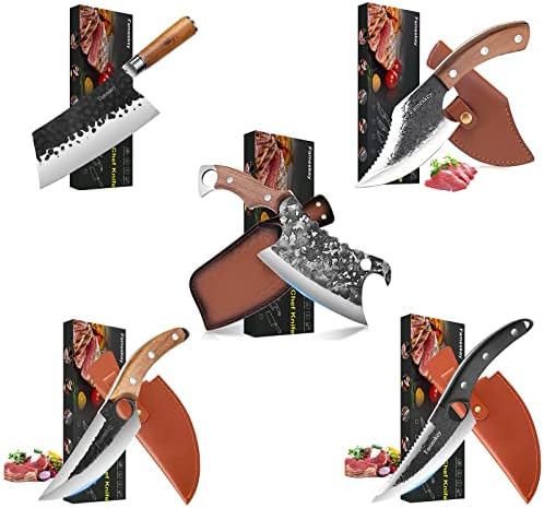 Фамски Рачно Фалсификувани Јапонски Месарски Ножеви Остар Кујнски Нож Со Кожна Обвивка И Кутија За Подароци