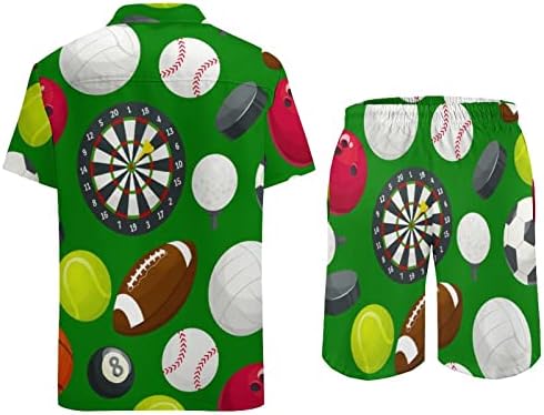 Спортска топка шема за мажи за мажи со 2 парчиња плажа на хавајски копче надолу со кошула со кратки ракави и костуми за шорцеви