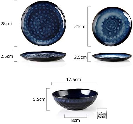 Zldgyg вечера постави гроздобер изглед керамички сина боја од 12 парчиња каменички садови сет со чинија за вечера, чинија за