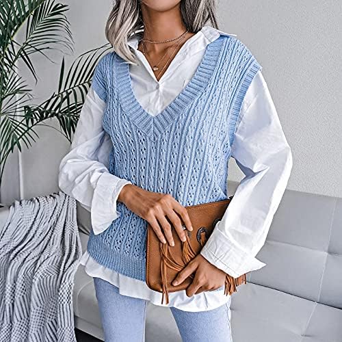 Nokmopo есен џемпери за жени 2022 колеџ стил случајна лабава плетена елек мода со џемпер со врат, плетен пулвер, врвен врвен пуловер