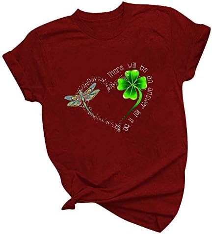 Mirtенска маица на Денот на Свети Патрик, симпатична змеј со лисја со четири лисја, печатена кошула врвови со кратки ракави, обични