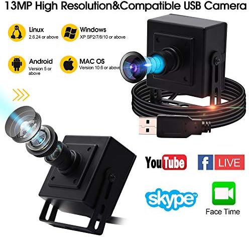 Ieights 13MP широк агол USB камера со микрофон за компјутер 100degree без леќи за искривување веб -камера мини UVC USB2.0 компјутерски