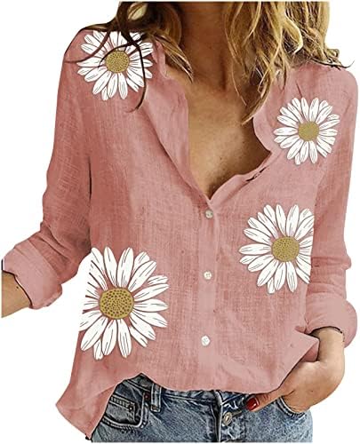 Летни обични врвови за жени кошули со копчиња со јака, симпатични печатени блузи со долги ракави 2023 модна облека