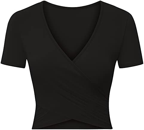 NVWAN женски култури врвови длабоки v вратот кратки ракави тенок вклопуваат уникатни крстовички вкрстени обвивки за лежерна кошула јога врвови