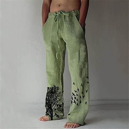 Машки памучни постелнини панталони летни шишиња еластични половини за џебови панталони обични лесни вклопувани панталони панталони