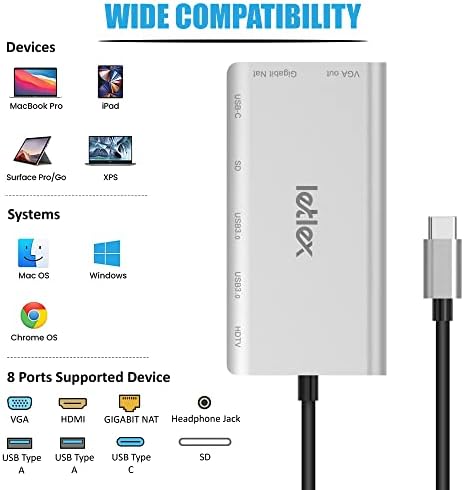 LETLEX Мултифункционален 8 ВО 1 USB C Центар-Беспрекорен 5gbps Пренос на Податоци-Мазна Мрежна Врска-Ultra HD 4k Излез-Usb Otg Поддршка-За