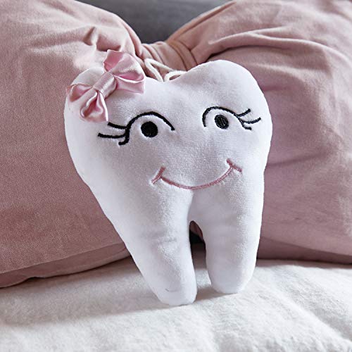 Стефан бебе кадифен перница во форма на заби, бела со розов лак, 5 1/2 инч