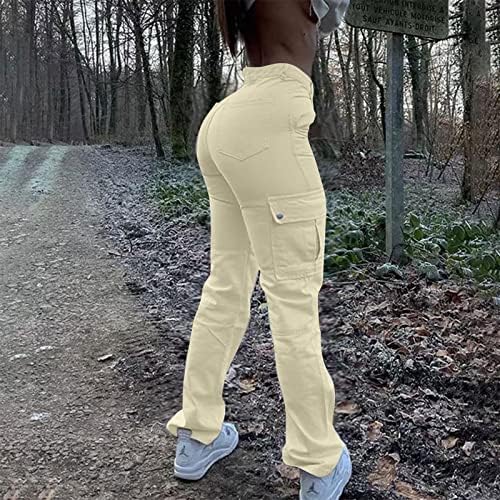 Orораса жени карго панталони слаби панталони со средно издигнување панталони за панталони нагоре по пакети цврсто исправено со џеб тенок