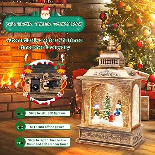 Божиќен снежен глобус, музички снежни глобуси светла со 6 -часовен тајмер и 39in USB батерии напојувани, празник за празник во ретро стил,