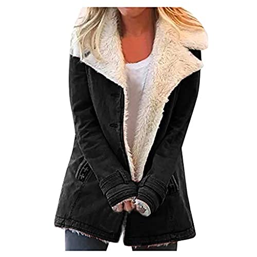 Женски лапел шерпа руно наредени тексас јакна Зимско копче надолу топло палто за надворешноста на крзно со долги палта