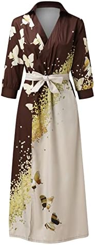 Usuming жени Елегантни кошули фустан 3/4 ракав Печата за печатење на пеперутка V вратот само појас џеб лапел долг фустан