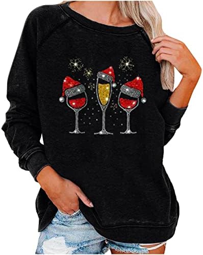 Џемпери за жени мода 2023 година Нова година екипаж со долги ракави џемпери цврсти смешни божиќни вински кошула блузи врвови