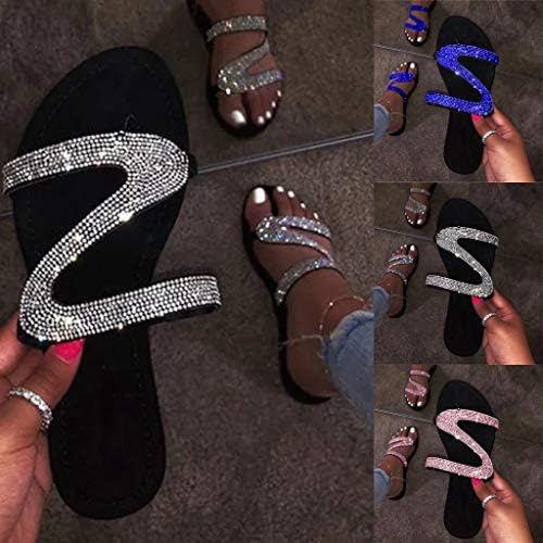 Едуавар рамни сандали за жени, жени 2021 летни боемски кристални дијаманти станови влечки чевли на плажа отворени пети сандали