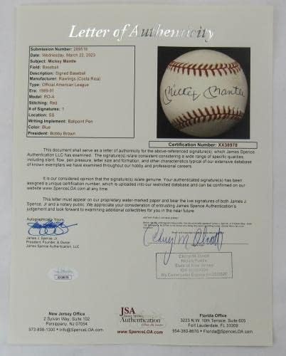 Мики Мантл потпиша автоматски автограм Бејзбол JSA XX38978 - Автограмирани бејзбол