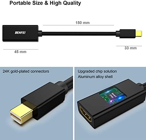 Бенфеи Мини Дисплејпорт До HDMI Адаптер 2 Пакет, Мини ДП До HDMI Конвертор Позлатен Кабел Компатибилен За Macbook Pro, Macbook Air, Mac