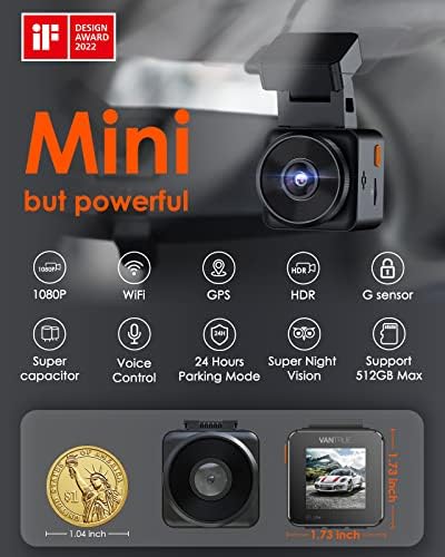 Пакет: Vantrue E1 Lite 1080p WiFi Мини Цртичка Камера со GPS и Брзина + 256gb microSD Картичка + ТИП C USB ХАРДВЕР Комплет