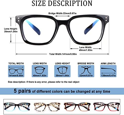 Vogpoper 5 пакет модни сини светло блокирање на очила за читање за жени, преголеми читатели на квадратни компјутерски пролетни шарки