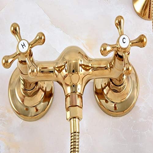 Полиран златна боја месинг за бања за бања, држена глава за туширање, поставена миксер за миксер со двојни вкрстени рачки