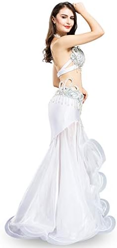 Кралска Смела Бели Костим за танцување за жени Бели танцувачки градник, поставен стомак танцување здолниште сирена професионална карневалска