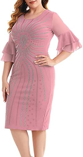 Womenените 2023 Лејди Елегантно плетење чипка од чипка фустан плус големина печатење на половина ракав молив со молив за халтер