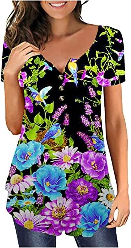 Црна блуза за жени есен лето облека трендовски краток ракав памучен екипаж врат цветна графичка обична плетена маица 14 s