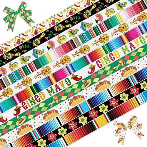 Алибон 12 јарди 3/8 Цинко де мајо лента фиеста лента Мексикански серијани панделки за DIY занаети Мексикански партиски декор, мексиканска