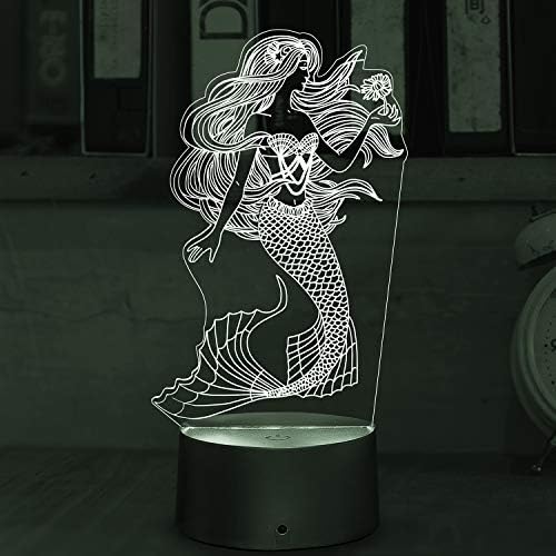 3д Илузија Сирена Ноќни Светла, СТОЛ Светилка USB Напојува 7 Бои LED Ноќна Светилка Со Паметен Допир Идеален За Девојки Сирена