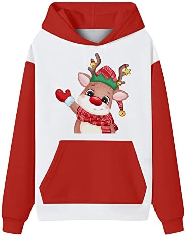 Beuu Божиќни печати за печатење џемпери за жени Божиќ празници со долг ракав врвови со секојдневен блок во боја со џеб