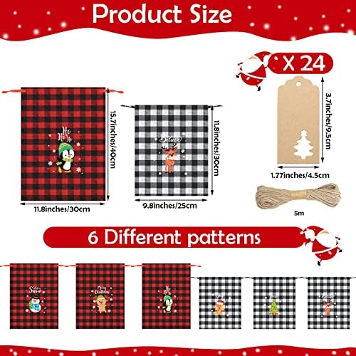 6 Парчиња Божиќни Карирани Чанти За Влечење Божиќна Ткаенина Подарок Кеси Големи Црвени И Црни Биволи Карирани Мали Бели Црни Торби За