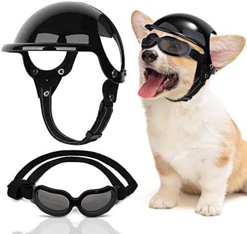 Шлемови за кучиња Slowton и очила за мали кучиња - УВ заштита кучешки очила за сонце очила за кучиња, домашни мотоцикли шлем со капачиња за уши, прилагодлива капа за без?