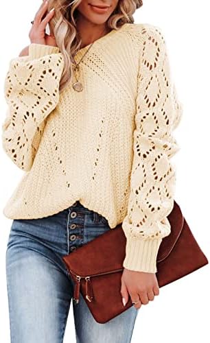 Женска есенска облека и зимска мода цврста боја шуплива тркалезна врат со долг ракав плетени џемпери џемпери