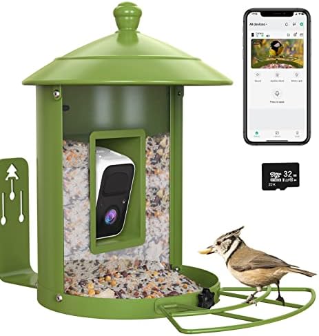 Паметна фидер за птици со камера, фидер за птици со 1080p HD камера автоматско снимање фотографија и видео, откривање на AI, 2,4G WiFi врска