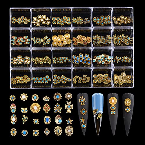 Декорација на уметност за нокти 240 парчиња ретро метална легура 3D DIY шарм камен декорација злато столпчиња рамни сини кристали