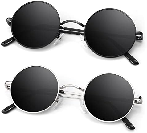 Anziw Round поларизирани очила за сонце мажи, ретро метал хипи ленон нијанси со УВ заштита