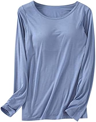 Сериу модална маица со чаши влошки за градите за жени екипаж врат со долга ракав солидна боја врвови основни кошули за блуза