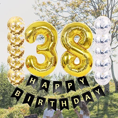 38-ми Роденден Декорација Среќен Роденден Црн Банер Балон 38 Годишниот Партија Материјали Хелиум 40 Златни Балони + Сребро Злато Латекс
