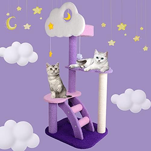 Среќа Моне 43 инчи кула за мачки за мачки за затворени мачки, 3-слојно виолетова симпатична виолетова розова мачка дрво уникатно