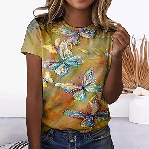 Женска кошула памучна летна мода пеперутка дигитална принтрична рунда за ракав ракав ракав за ракав атлетски атлетски носат