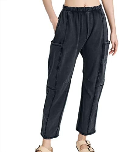 Лабава обична товарна џемпери за жени удобни еластични панталони со високи половини со цврста боја панталони со патент џеб црно