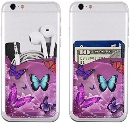 Држач за картички со пурпурни пеперутки, PU кожа само-лепете ја лична карта за кредитна картичка за 2,4x3,5 инчен паметен телефон