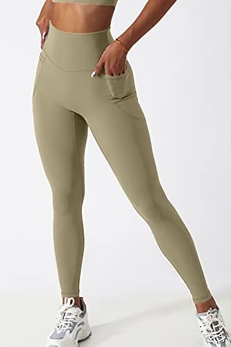Хелеги за тренингот на Qinsen за жени меки меки високи половини фитнес јога панталони со џебови