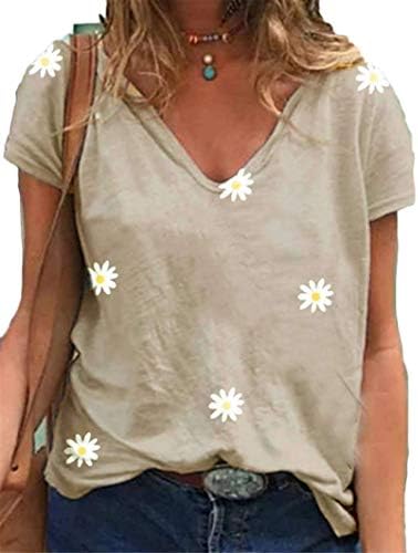 Andongnywell женски печатени маици со кратки ракави со кратки ракави против вратот лабава основна маичка на летни маици блуза