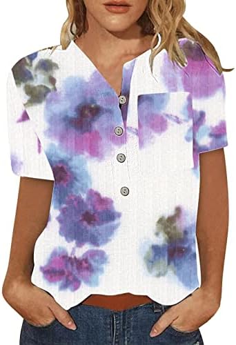 Женски летни едноставни врвови за кратки ракави трендовски V врат со копчиња туники обични цветни печатени тинејџерски девојки блуза